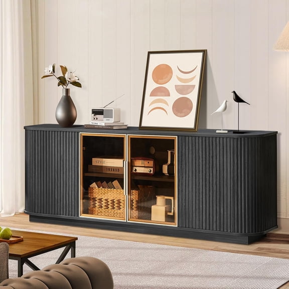 Fluted TV Stand with RGB LEDs for TVs up to 65'', Modern Media TV Console with 4 Doors 6 Storage Spces, Sideboard Buffet Cabinet Wood Entertainment Center for Living Room, Dining Room