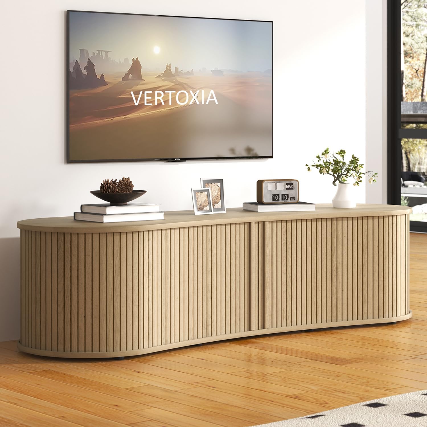 VERTOXIA 59" Fluted TV Stand With Sliding Tambour Doors - Mid Century Modern Media Console, Walnut