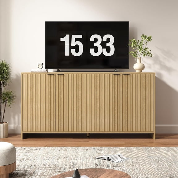 BVIUNTWO Fluted TV Stand for TVs up to 70", Modern TV Console with Storage Cabinet, Entertainment Center with Adjustable Shelves & 4 Doors for Living Room, Natural Oak
