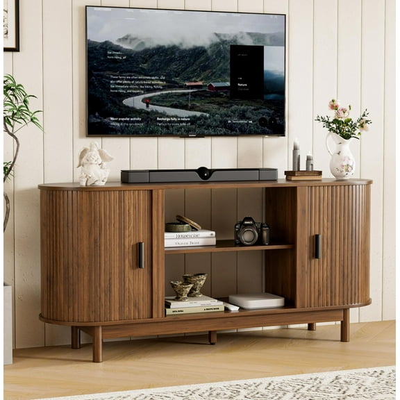 Fluted TV Stand for 65/70" TVs, Mid Century Wood Media Console with Sliding Doors & Storage, Adjustable Shelves