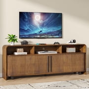 Fluted TV Stand for 65-80" TV, 70" Mid Century Modern Console, Large Walnut Entertainment Center with Storage, Sliding Doors