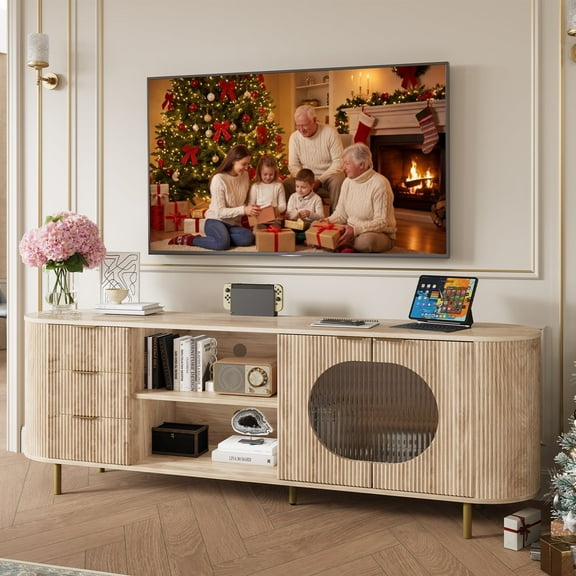 Fluted TV Stand for 65 Inch TV, Modern Entertainment Center with Storage, Faux Marble Top, Curved Media Console, Natural Oak, TVs up to 80"