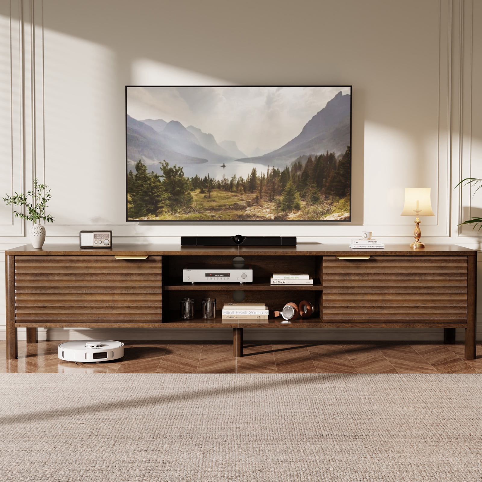 Domusio Fluted TV Stand for TVs up to 65" Mid-Century Media Console with Open Storage Entertainment Center for Living Room, Walnut
