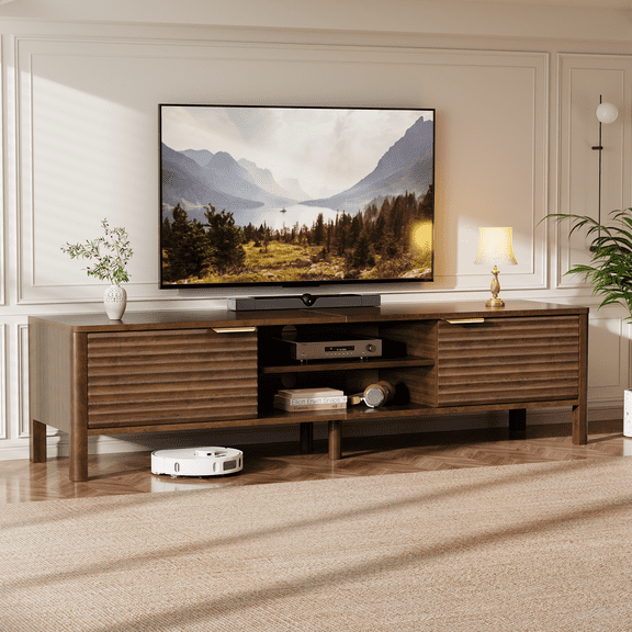 Domusio Fluted TV Stand for TVs up to 75" Mid-Century Media Console with Open Storage Entertainment Center for Living Room, Walnut