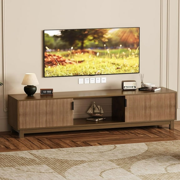 Fluted TV Stands for TVs Up to 80 Inches, Mid Century Modern Entertainment Center with Open Storage Compartments,Media TV Consoles 70" Long Wooden TV Console