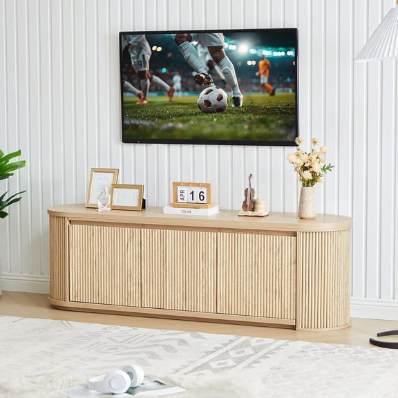 Fluted TVStand 70 65 60 inch, Mid Century Modern Under TV Stand, Entertainment Center Media Console Cabinet with 3 Door Storage, Low and Long Television Table Stand' for Bedroom,Living Room - Natural