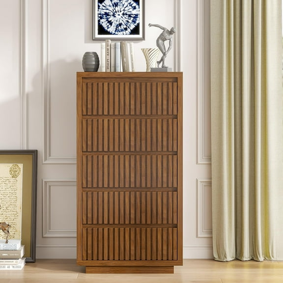 Fluted Tall 5 Drawer Dresser, 45" Mid Century Wood Chest for Bedroom, Modern Closet Clothes Storage Organizer, Walnut Brown Cabinet