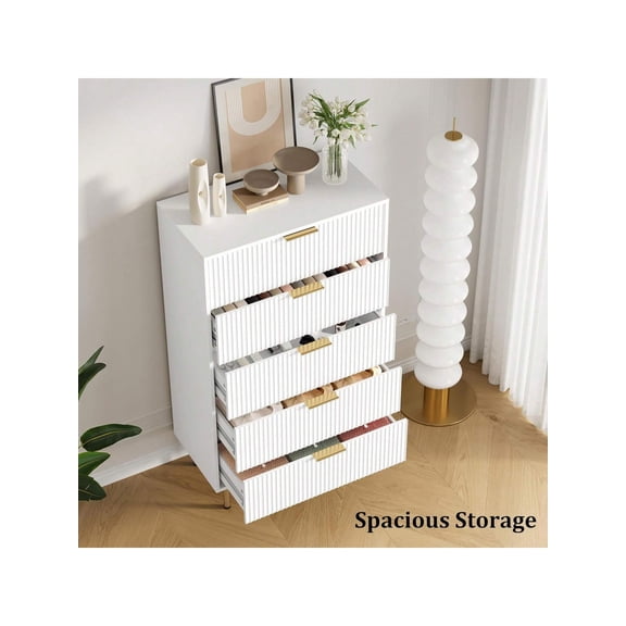 Fluted Tall Dresser, 5 Drawer Wood Chest of Drawers with Gold Handles, Modern White Dresser Storage Organizer for Bedroom, Living Room, Entryway & Hallway