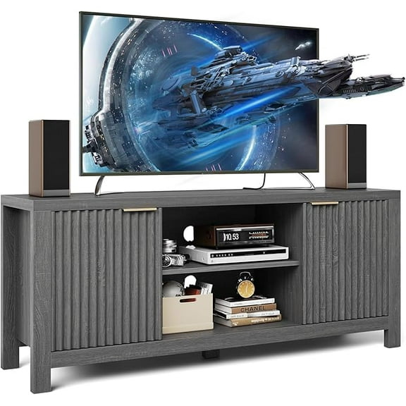 Fluted Tall TV Stands for Living Room, Heavy Duty Entertainment Center with Storage, Mid Century Modern Television Stands for 50/55/60/65 TV, Media Console Table (Grain Oak)