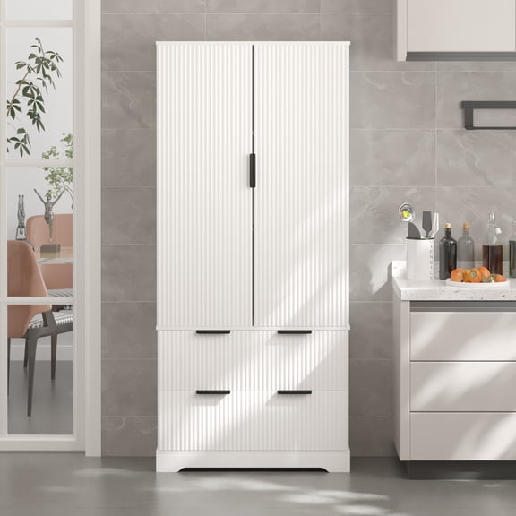 Fluted Texture Farmhouse Pantry Storage with 2 Large Drawers, Tall Pantry Storage Cabinet with 8 Door Spice Rack, Freestanding Cupboard Cabinet for Kitchen, Diningroom, Office, Entryway, White