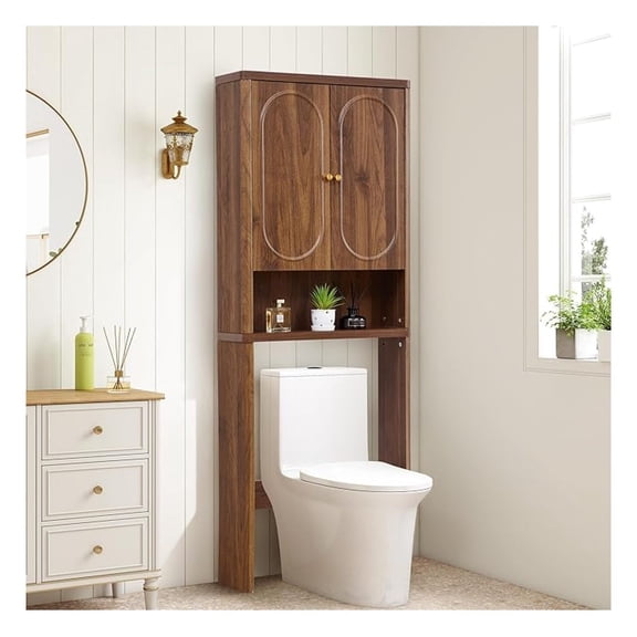 Fluted Over The Toilet Storage Cabinet, Bathroom Toilet Storage Cabinet with Door, Wood Curved Over The Toilet Space Saver Cabinets for Restroom Bathroom, Walnut