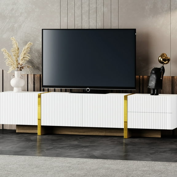 Fluted Tv Stand For 80" Tvs, White With Golden Legs And Space Storage Screen: Fluted, Wood Grain Legs, Shelves & Drawers