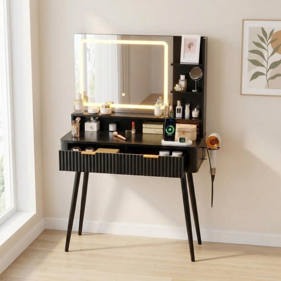 Fluted Vanity Desk with Mirror and Lights, 31 in Small Makeup Vanity Storage Cabinet & 2 Drawers, 3 Lighting Modes, Stylish Dressing Table for Bedroom