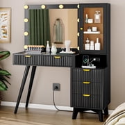 Fluted Vanity Desk with Mirror and Lights, 45" Glass Top Makeup Table Set with 5 Drawers, Power Outlet & Storage Cabinet, Large Dressing Table with RGB Ambient Light for Bedroom Women Girls, Black