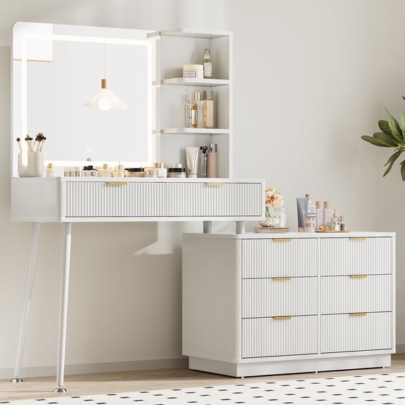 Fluted Vanity Desk with Mirror and Lights, Glass Top Makeup Vanity Table with 8 Drawers & Shelves for Bedroom, Flexible Arrangement, White