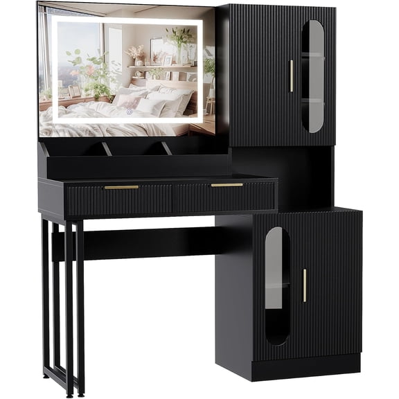 Fluted Vanity Desk with Mirror and Lights, Wooden Makeup Vanity with Charging Station, Drawers and Storage Cabinets for Bedroom,Black