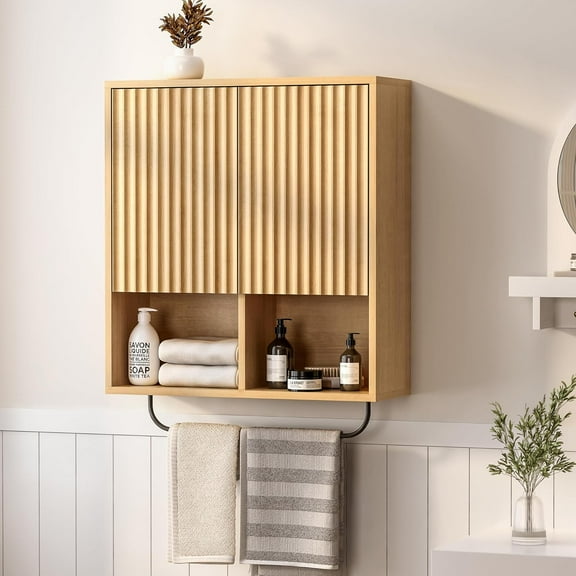 Fluted Wall Cabinet, Modern Wood Floating Bathroom Cabinet with Hanging Rod and Adjustable Shelf, Wall Mount Medicine Cabinet Natural Oak