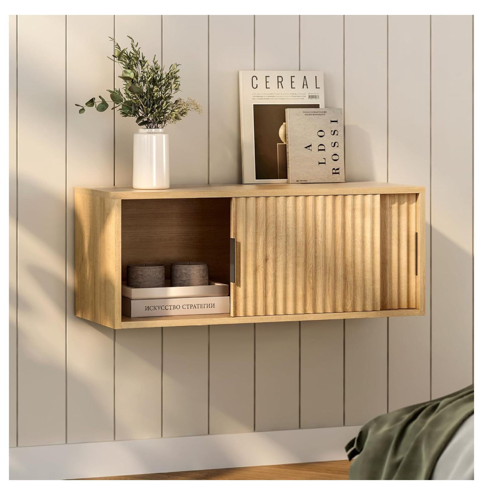 Fluted Wall Cabinet with Sliding Doors, Modern Large Floating ...