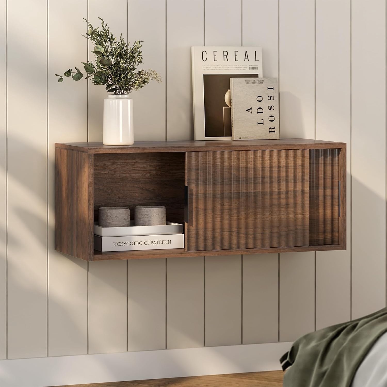 Fluted Wall Cabinet with Sliding Doors, Modern Large Floating ...