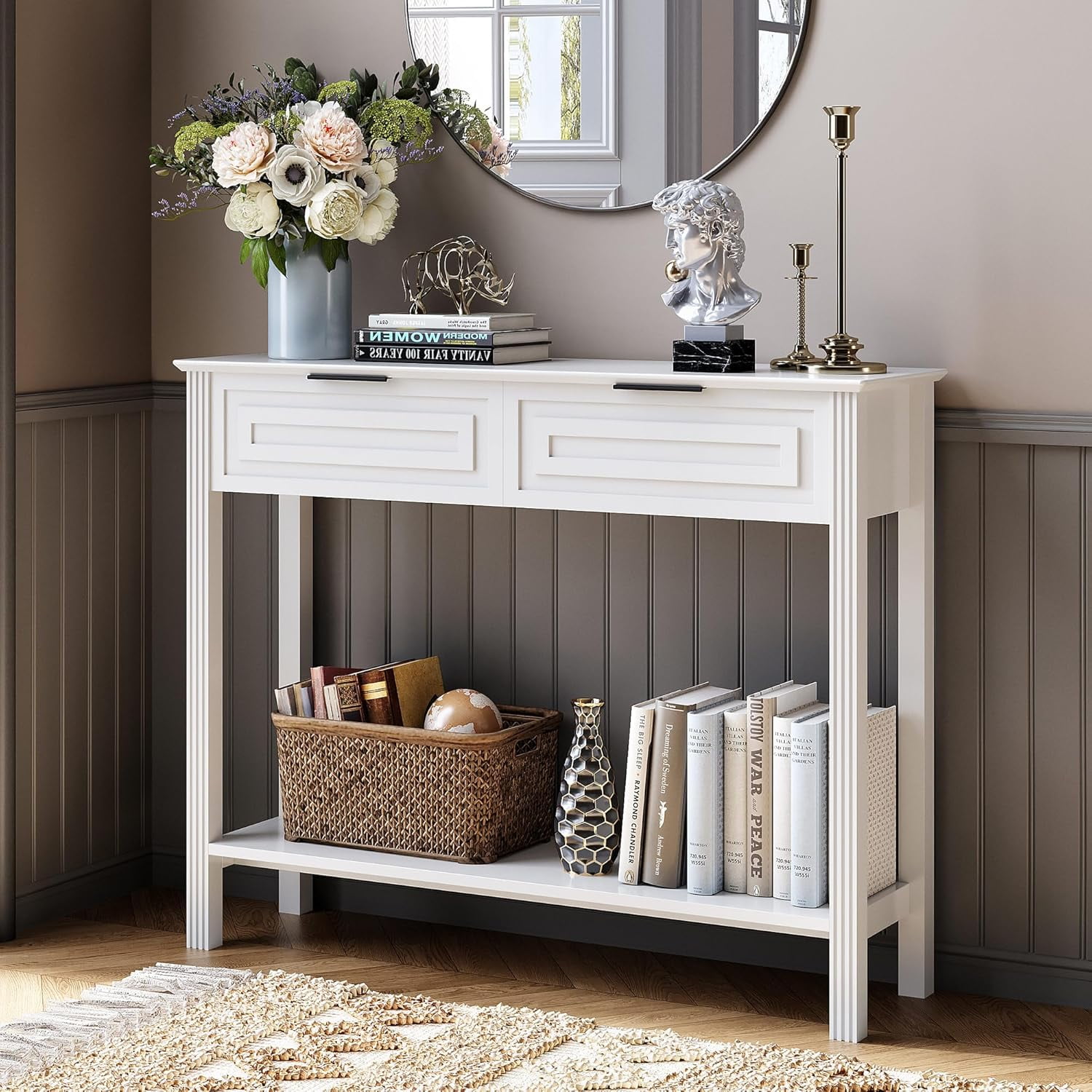 Fluted White Console Table with Drawers, Modern Entryway Table with Storage, Sofa Table Behind ...