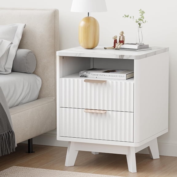 Fluted White Nightstand with 2 Drawers, 18" Modern Bed Night Stand with Faux Marble Top, Open Storage Shelf, Curved Edge Bedside Table for Bedroom, Living Room End Side Table