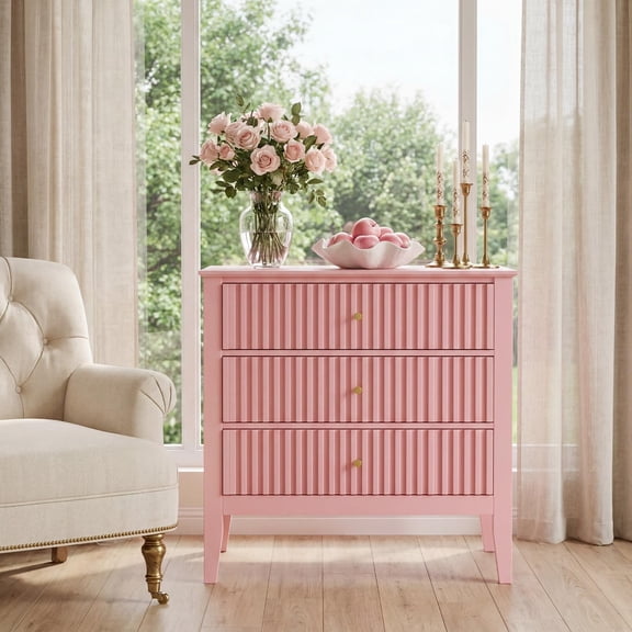 Fluted Wood Bedside Table with Charging Station, 32" Tall Bedside Table - 3 Drawers Storage - Modern Bedroom End Table, Blue/Pink/Green/White