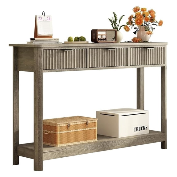 Fluted Wood Console Table with 3 Drawers, 47.2" Modern Farmhouse Sofa Table & Entryway Table with Open Storage Shelf, Narrow Hallway Table for Living Room, Foyer and Hallway (Washed Oak)