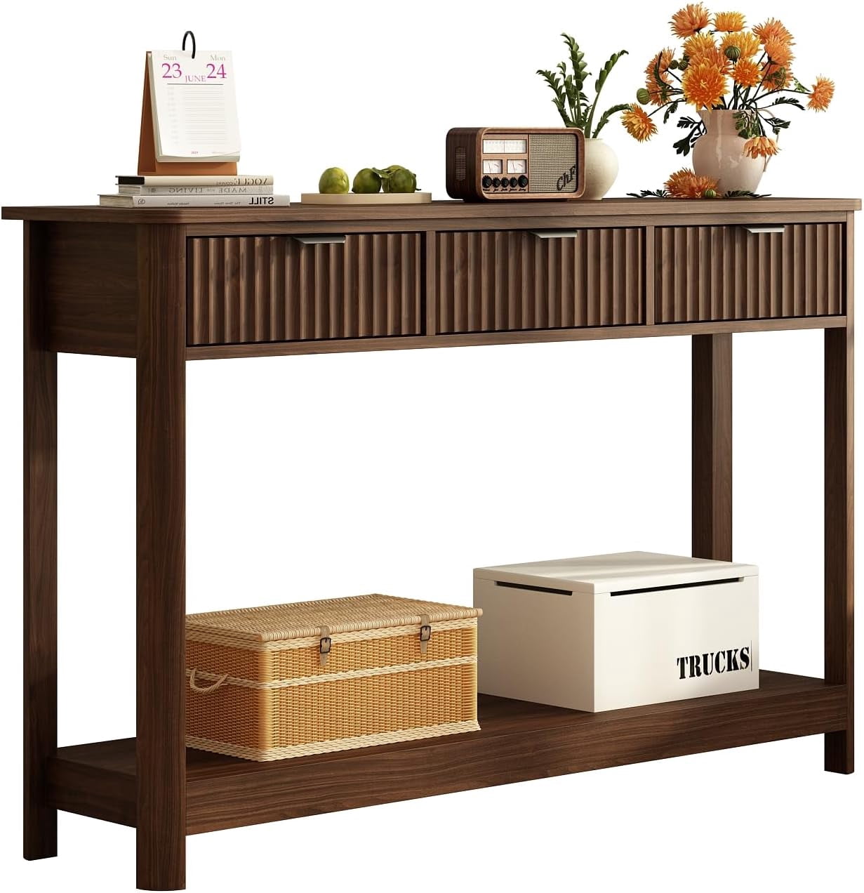 Fluted Wood Console Table with 3 Drawers, Boho Narrow Behind Couch ...