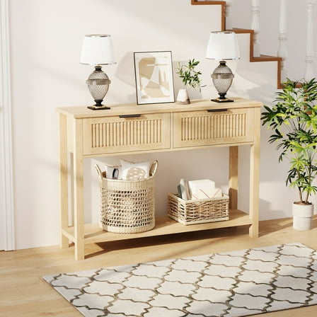 Fluted Wood Console Table with 2 Drawers for Behind Couch, Entryway or Hallway