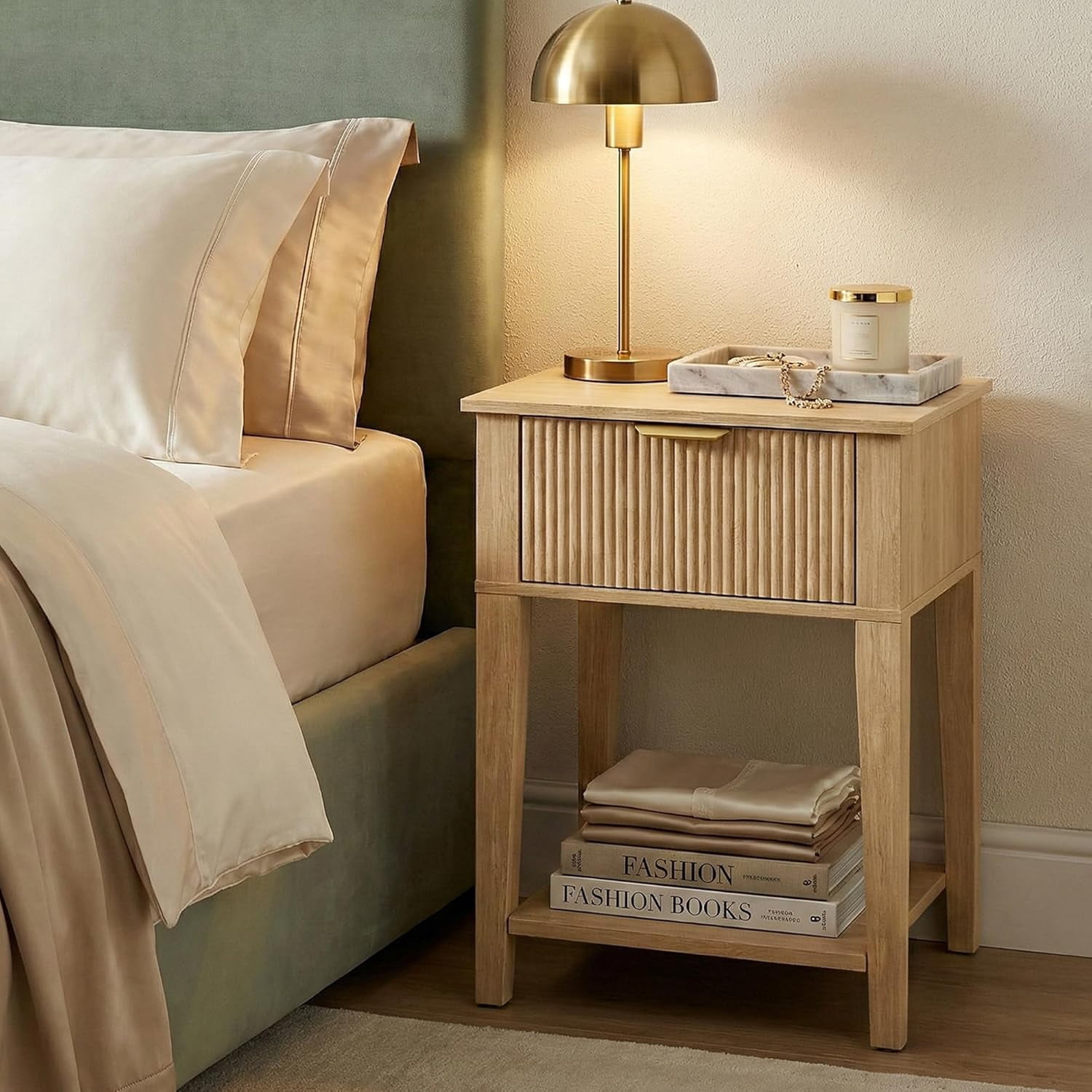 12 Inch Night Table Fluted Wood Nightstand with Drawer, Small 12