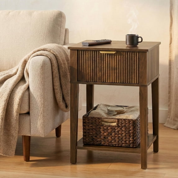 12 Inch Night Table Fluted Wood Nightstand with Drawer, Small 12