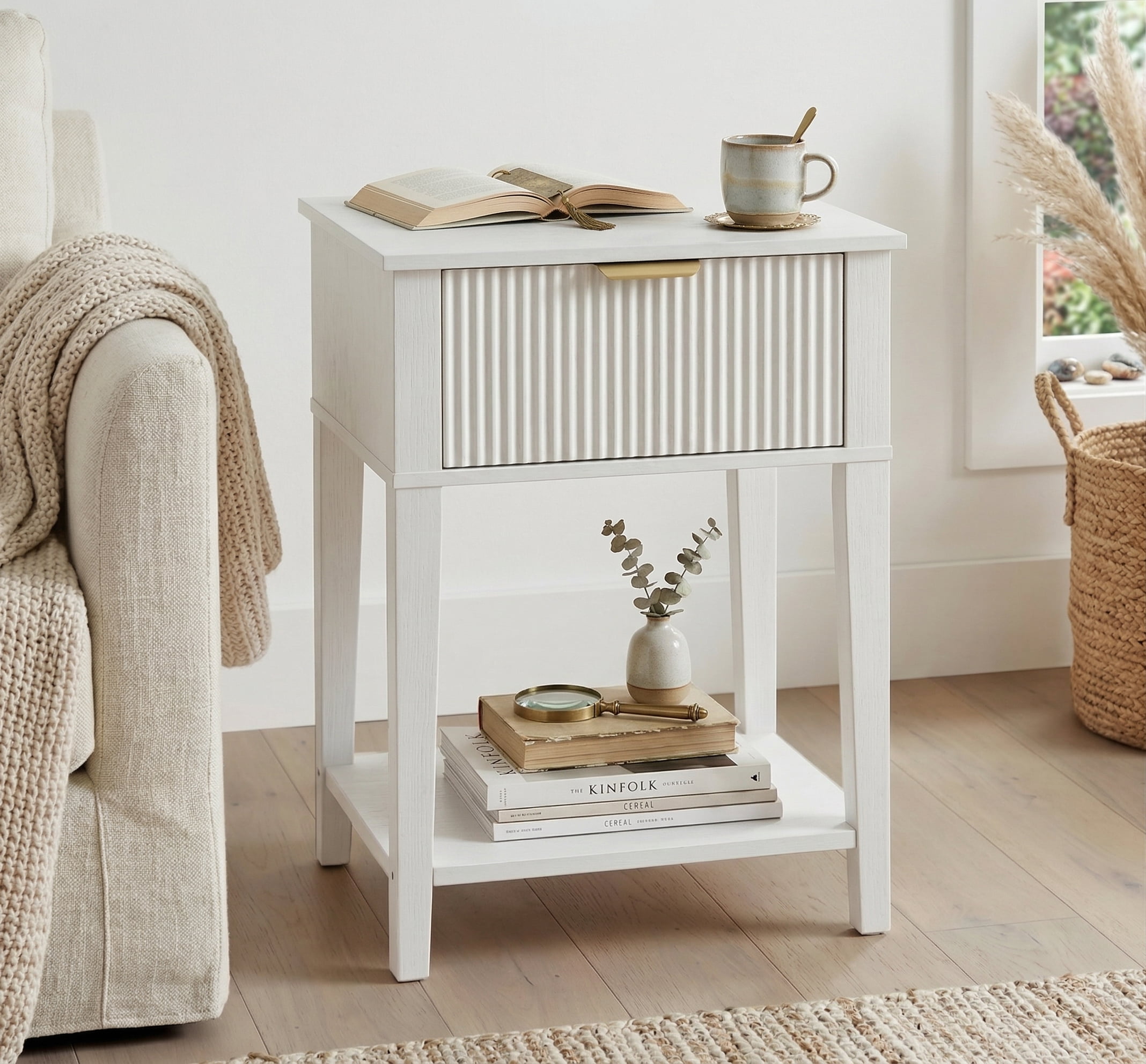 12 Inch Night Table Fluted Wood Nightstand with Drawer, Small 12