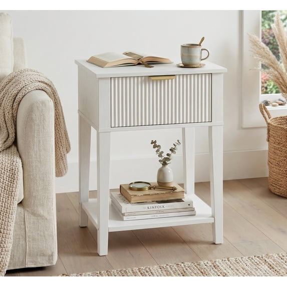 Fluted Wood Nightstand with Drawer, Small 12" Shallow Depth Bedside Table, Modern Farmhouse Compact End Table, 15" W x 12" D x 23" H, White