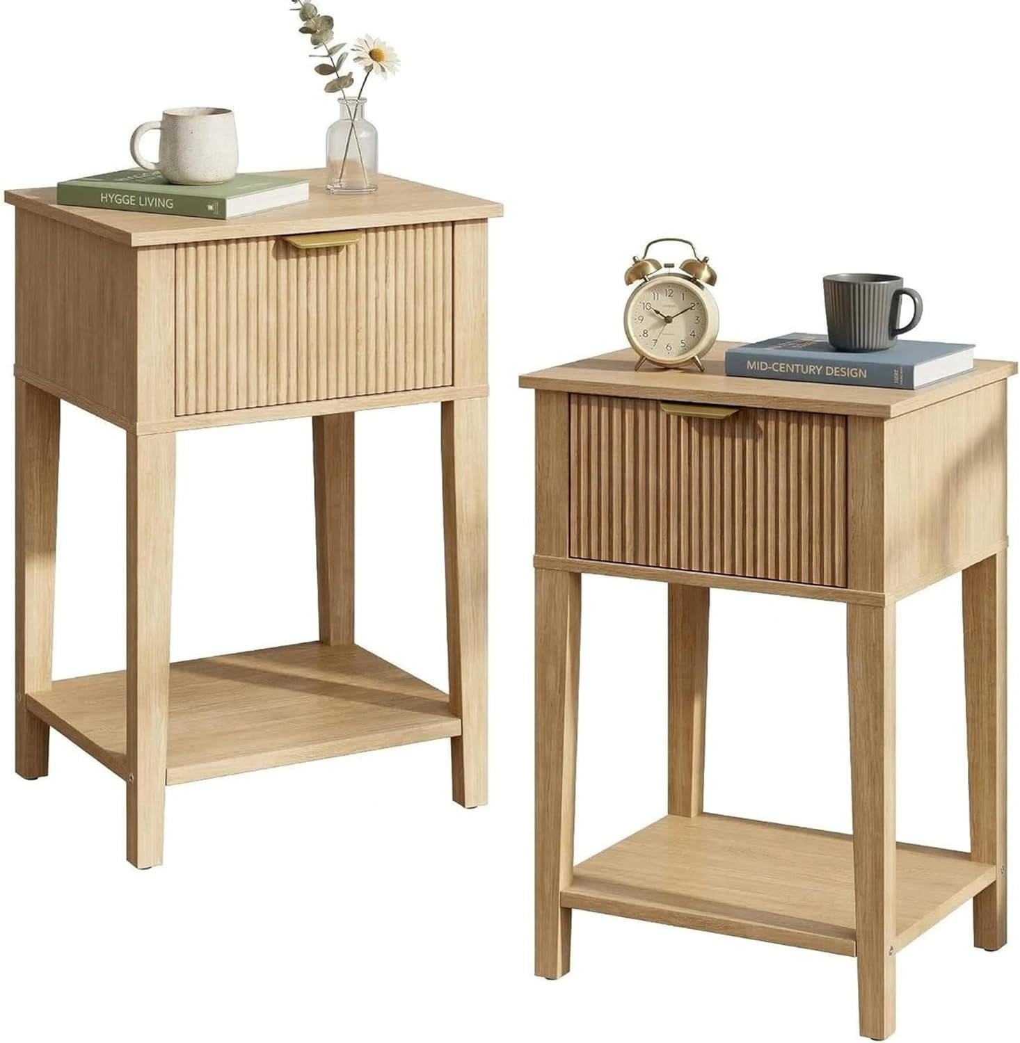 12 Inch Night Table Fluted Wood Nightstands Set of 2, Small 12