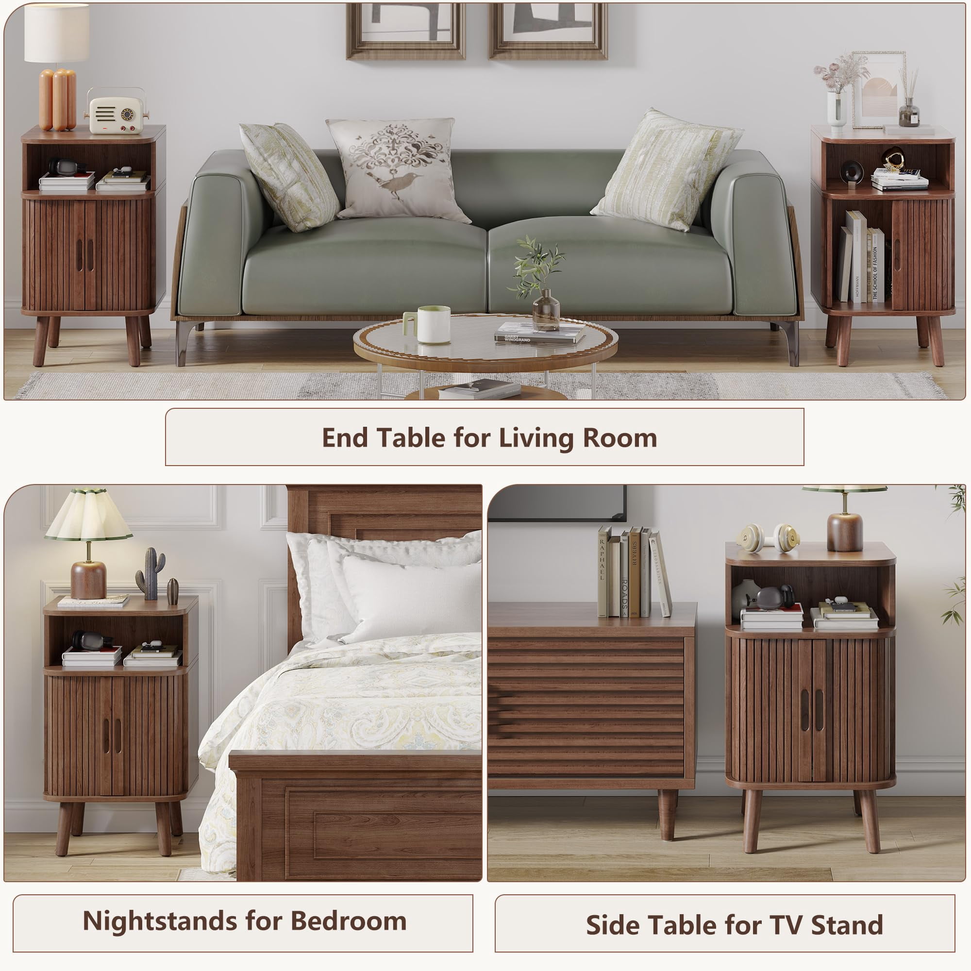Fluted Wooden End Table Set, Mid Century Modern Nightstand with Sliding ...