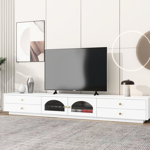 Fluted glass center cabinet, white TV stand | Function well for big TVs in primary area, hidden drawer storage | Add a touch of modernity, keep small items hidden