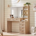thumbnail image 1 of Flutted Makeup Vanity Table w/ LED Lights & 6 Drawers, Dressing Desk with Charging Station, For Femal Gift, Natural Oak, 1 of 6