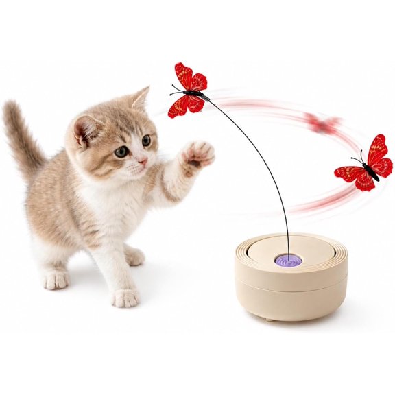 Flutter Butterfly Kitten Enrichment , Beige | Interactive Spinning with Sensor, 360? Rotating Butterfly, 2 Butterflies Included