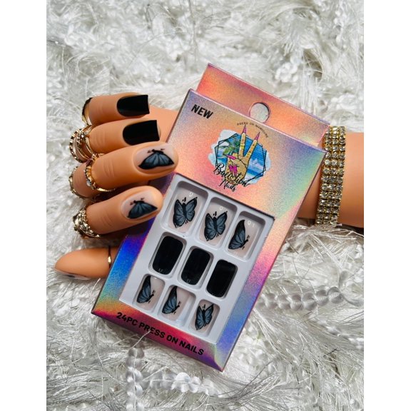 Flutter | Short Black and Butterfly Press on nails