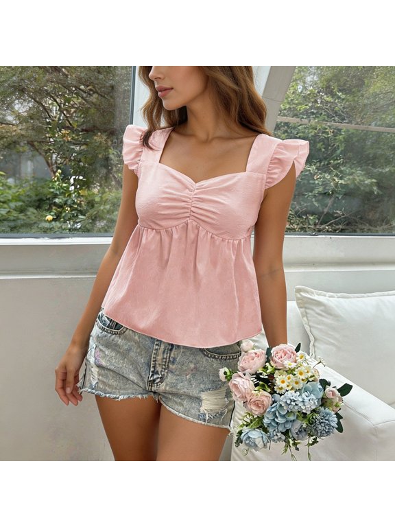 Flutter Sleeve Blouse Heart Neckline with Ruffle Detail Casual Feminine Top Women Casual Shirts Summer Shirts Women Casual Shirts for Women with Sleeves Women Shirt Workout Top Casual Summer