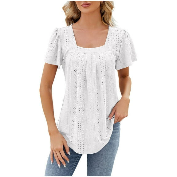 Flutter Sleeve Blouses for Women Square Neck Pleated Flowy Casual Tops Solid Summer 2025 Mesh Hole T-Shirts White,XL