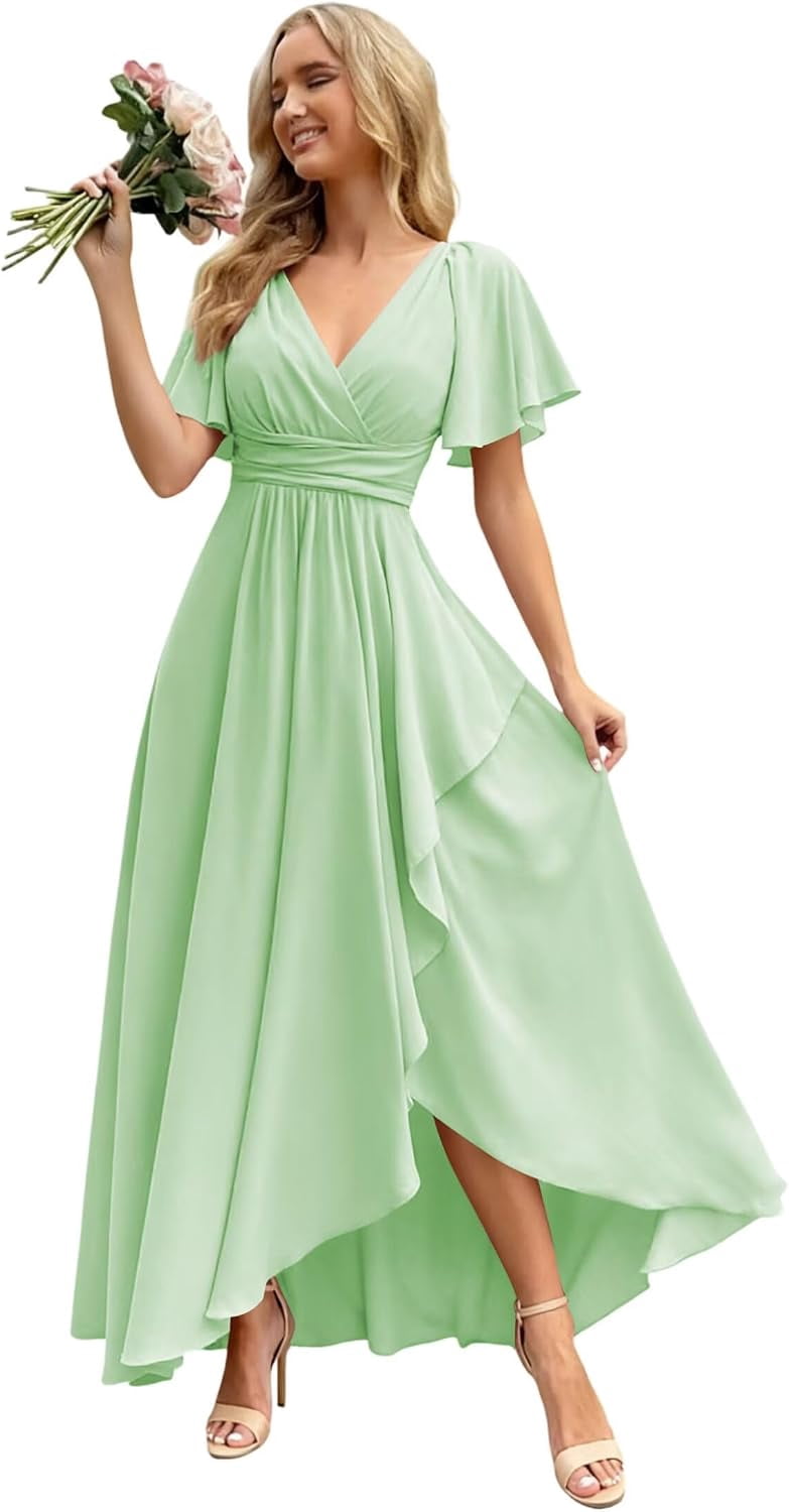 tea length chiffon bridesmaid dresses LYQDRSS Flutter Sleeve Long with Slit V Neck Formal Evening Dress Zu161, Girl's, Clear SIZE:XL Navy Blue Sequins Tiered best set Lace Zipper back Lining