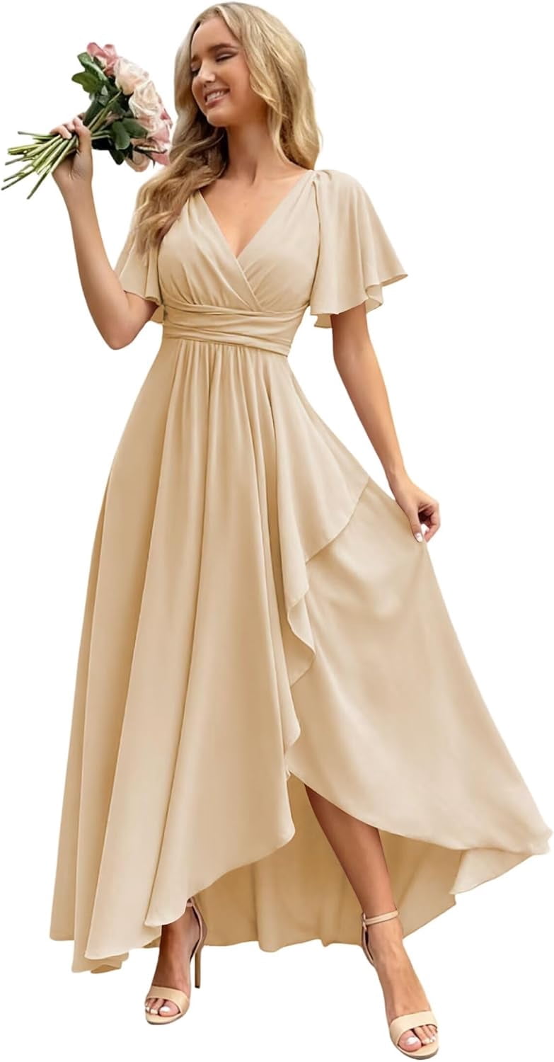 flutter sleeve chiffon bridesmaid dress Dresses Long with Slit V Neck Formal Evening ZU161 18th Birthday Party Outfit The lightweight chiffon fabric YCRF_alpha Size:EU 39