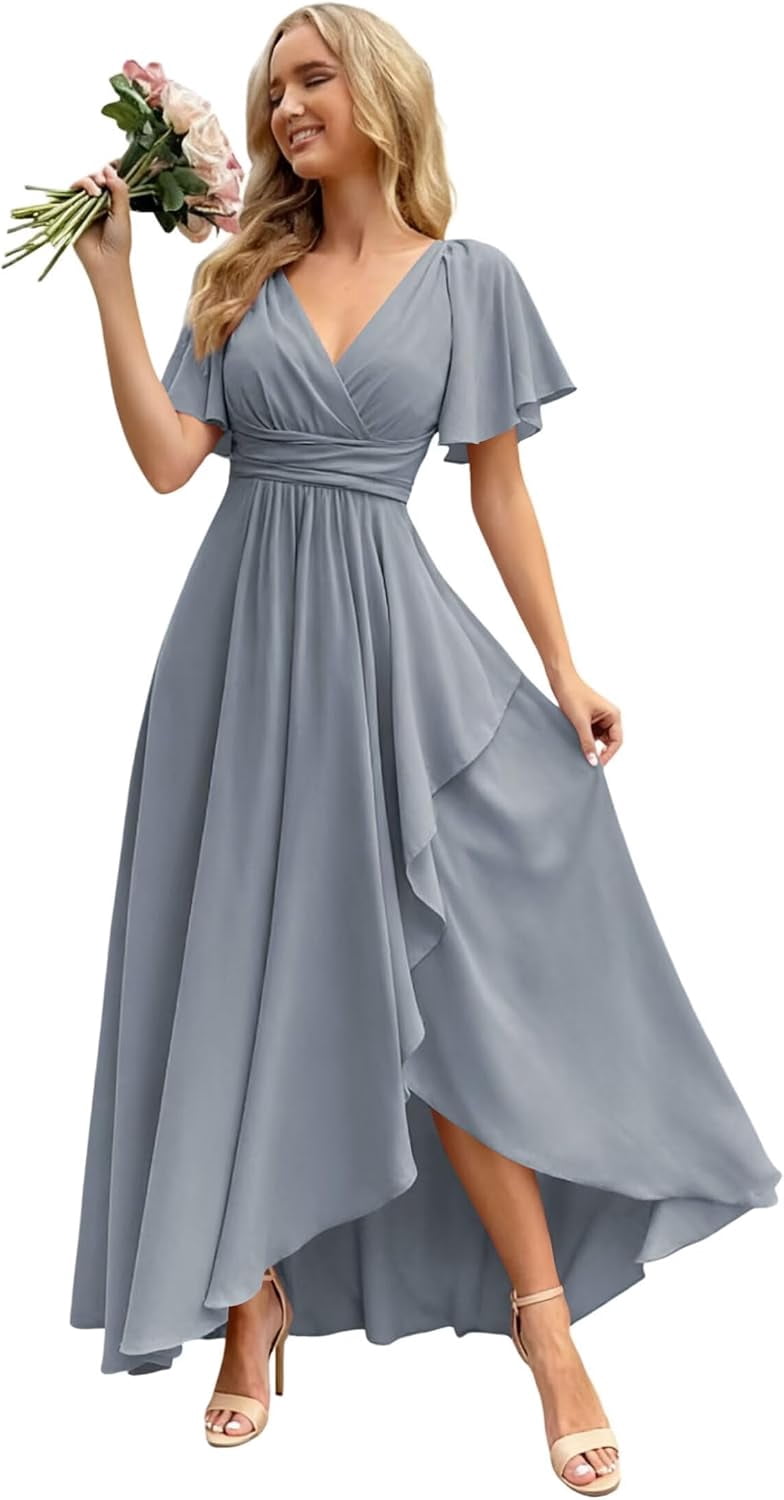 grey tea length bridesmaid dresses Flutter Sleeve Long with Slit Chiffon V Neck Formal Evening Dress ZU161 picture color