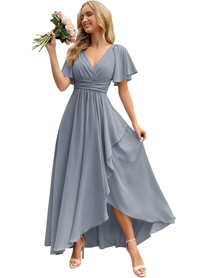 bridesmaid dress flutter sleeve Dresses Long with Slit Chiffon V Neck Formal Evening ZU161 COLORS:ASORTED COLOURS