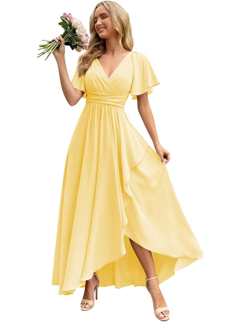 LYQDRSS Flutter Sleeve Bridesmaid Dresses Long with Slit Chiffon V Neck Formal Evening Dress Zu161, Girl's, Size: 8, Clear