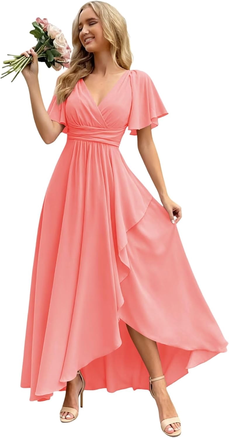 LYQDRSS Flutter Sleeve Bridesmaid Dresses Long with Slit Chiffon V Neck Formal Evening Dress Zu161, Girl's, Clear