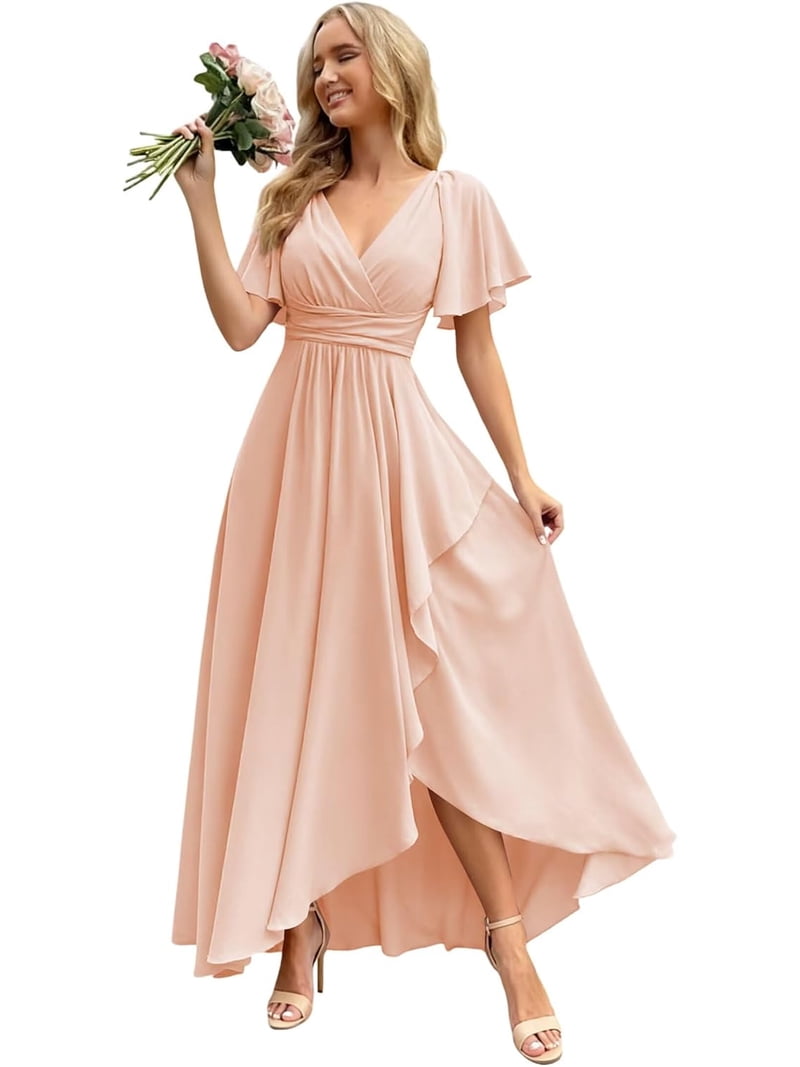 chiffon dress with flutter sleeves Sleeve Bridesmaid Dresses Long Slit V Neck Formal Evening ZU161 SCH004719_PAT4_XL Size:size 14 Floral Tiered Summer Long Maxi dress flowy angel sleeves