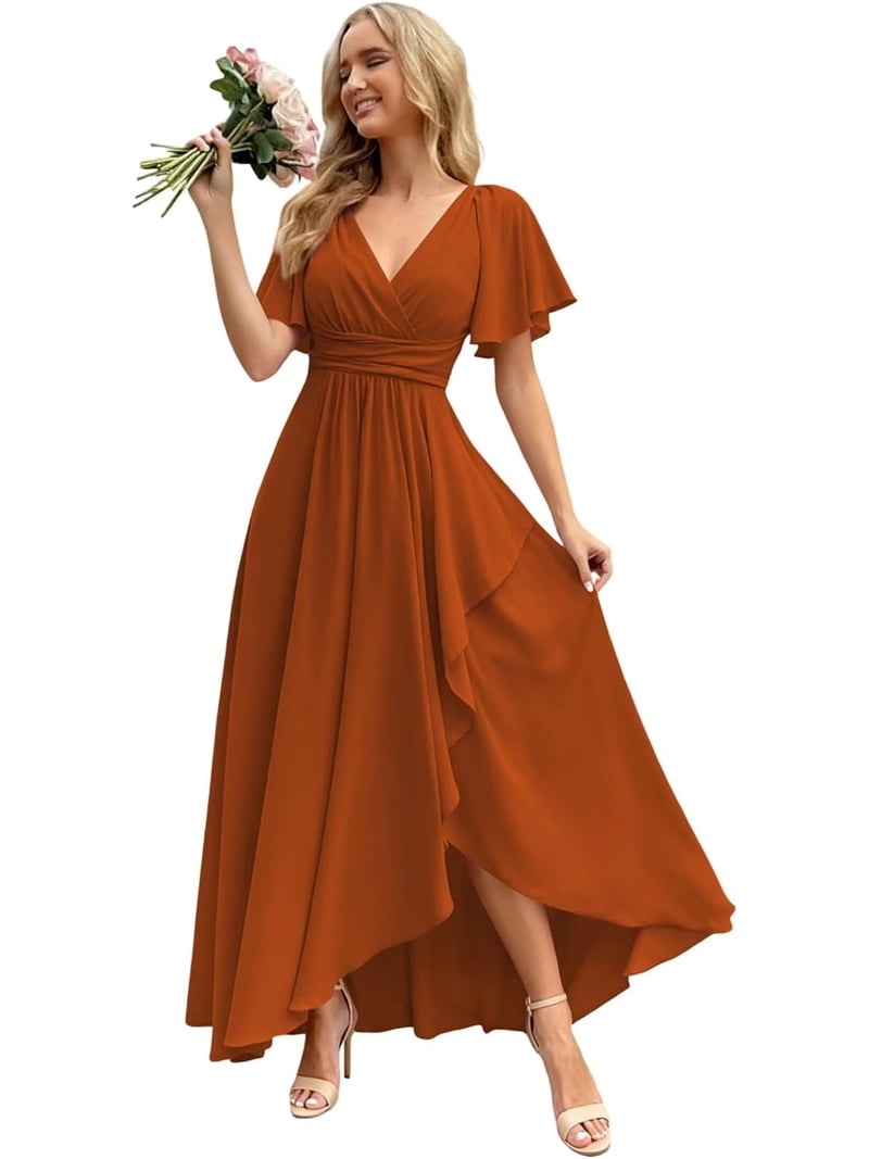 Flutter Sleeve Bridesmaid Dresses Long with Slit Chiffon V Neck Formal Evening Dress ZU161