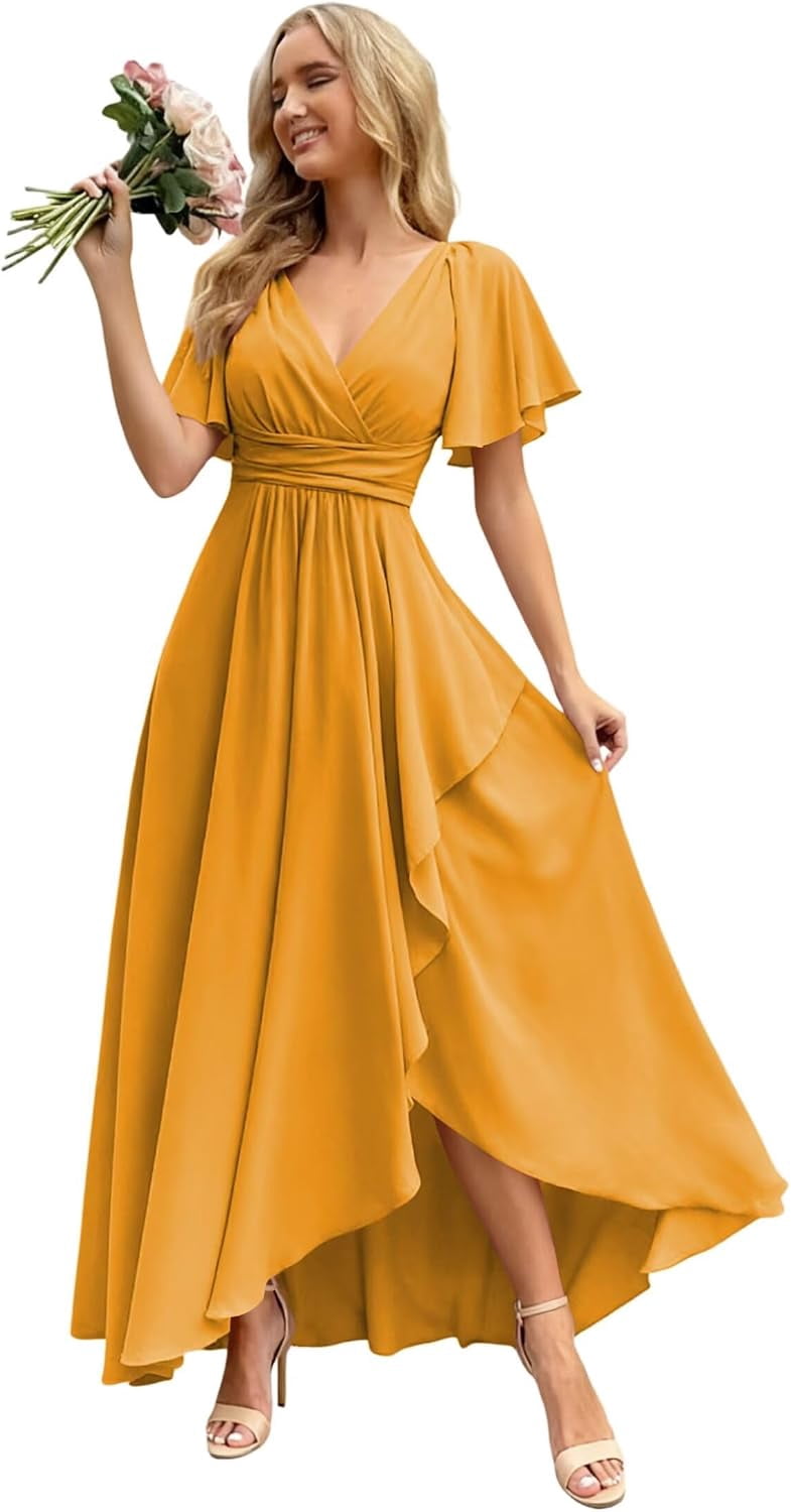 LYQDRSS Flutter Sleeve Bridesmaid Dresses Long with Slit Chiffon V Neck Formal Evening Dress Zu161, Girl's, Clear